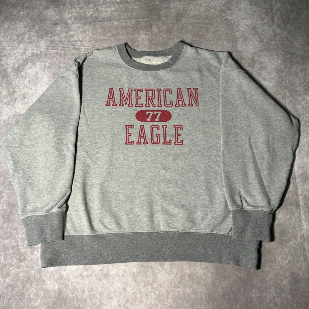 American Eagle Mens 77 Graphic Sweatshirt Grey Vintage Inspired Crewneck Medium
